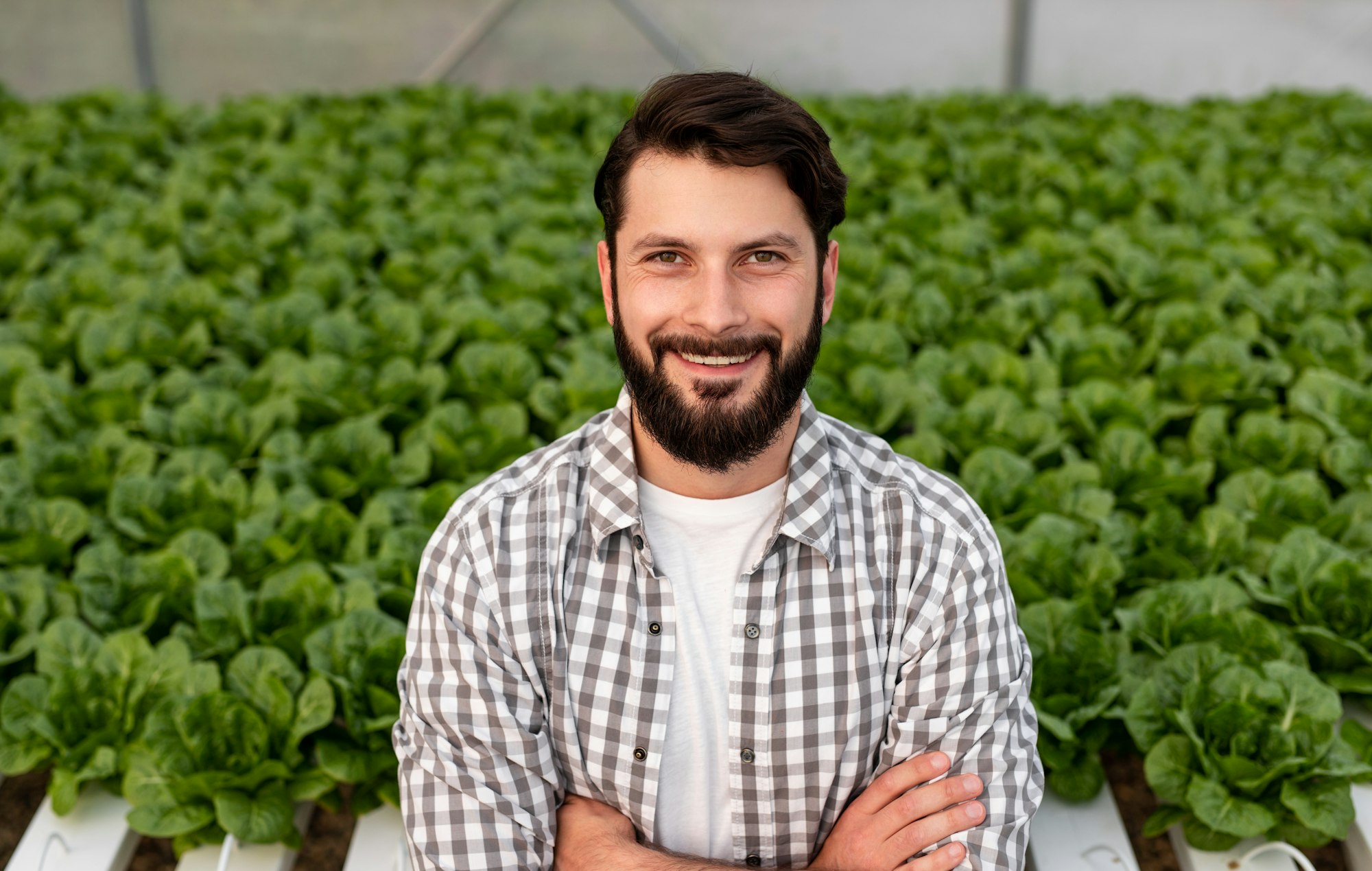 Cheerful entrepreneur in greenhouse with plants